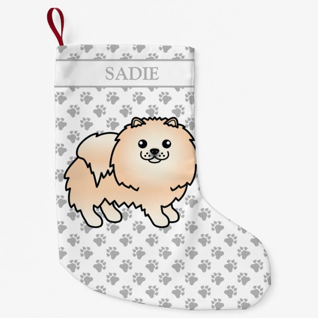 Creme Spitz Niedlich Cartoon Dog & Name Kleiner Weihnachtsstrumpf (Vorderseite)