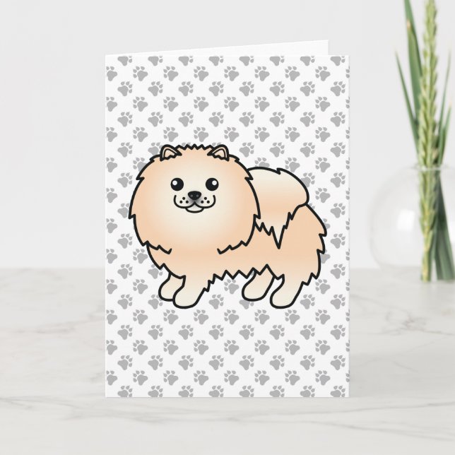 Creme Spitz Niedlich Cartoon Dog & Paws Karte (Vorderseite)