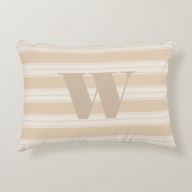 Creme & Taupe französische Streifen und Monogramm- Dekokissen (Vorderseite)