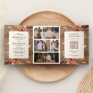 Creme Terrakotta Blumen QR Code Beige Braungelb Ho Dreifach Gefaltete Einladung