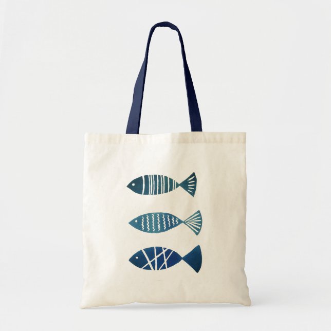 Creme Tote Tasche mit blauen Fischen (Vorne)