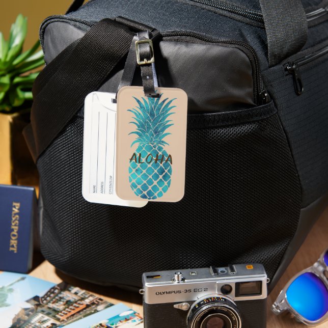 Creme Türkis Blaue Ananas Aloha Gepäckanhänger (Vorderseite & Rückseite)