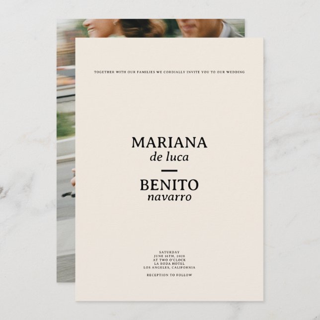 Creme und Black Modern Minimalistisches Foto Hochz Einladung (Vorne/Hinten)