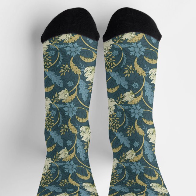 Creme und Blauer Flora Art Nouveau Socken (Oben)