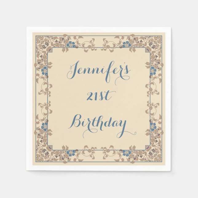 Creme und blauer Jugendstil-Blumenrand Serviette (Vorderseite)