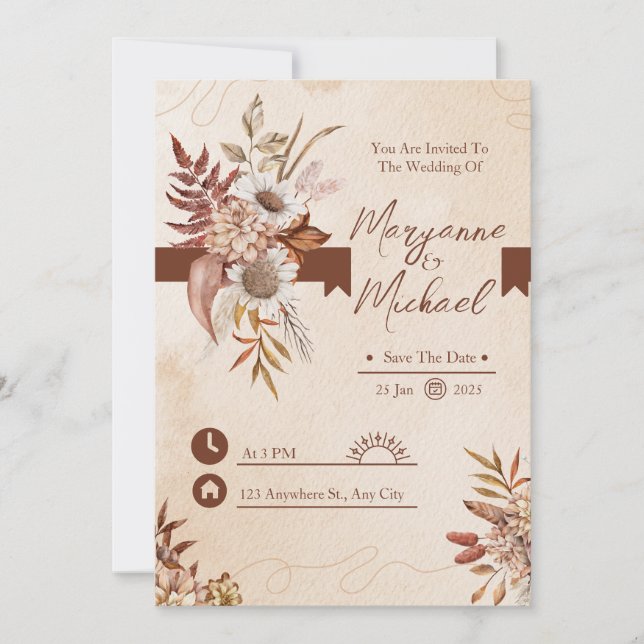 Creme und Braunblumenwasser Save the Date Einladung (Vorderseite)