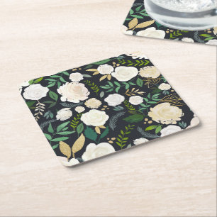 Creme und Elfenbeinfloral Muster mit Glitzer Black Rechteckiger Pappuntersetzer