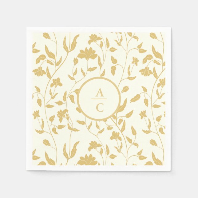 Creme und Gold Wedding Monogram Floral Serviette (Vorderseite)