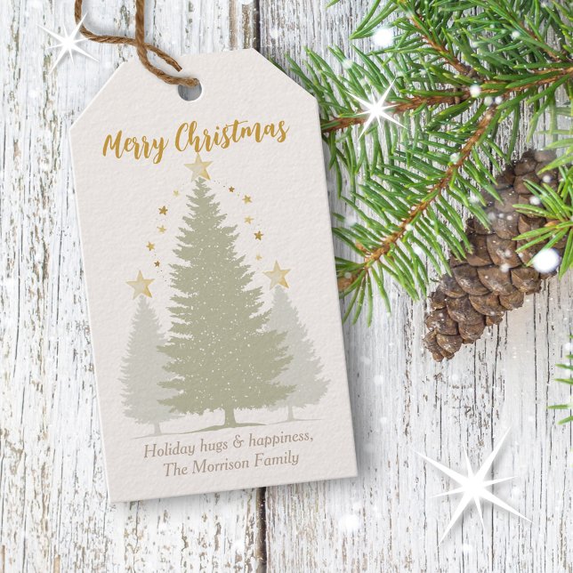 Creme und Gold Weihnachtsbaum und Sterne Geschenkanhänger (Cream and Gold Christmas Tree and Stars Gift Tags)