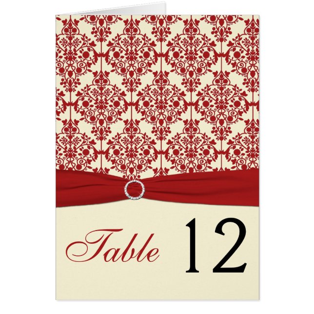 Creme und Red Damask Tischnummer Card (Vorne)