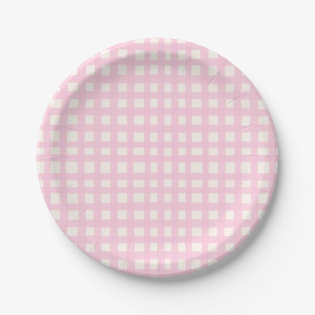 Creme- und rosa texturiertes unvollkommenes Gingha Pappteller (Vorderseite)