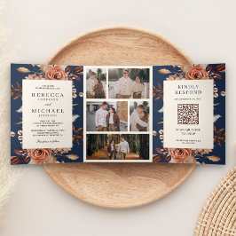 Creme und Terracotta Floral QR Code Marine Hochzei Dreifach Gefaltete Einladung