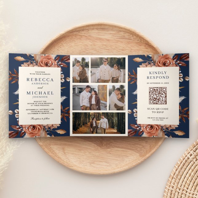 Creme und Terracotta Floral QR Code Marine Hochzei Dreifach Gefaltete Einladung (Von Creator hochgeladen)