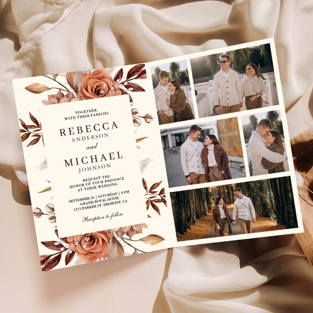 Creme und Terrakotta Blumen QR-Code Hochzeit Einladung (Von Creator hochgeladen)