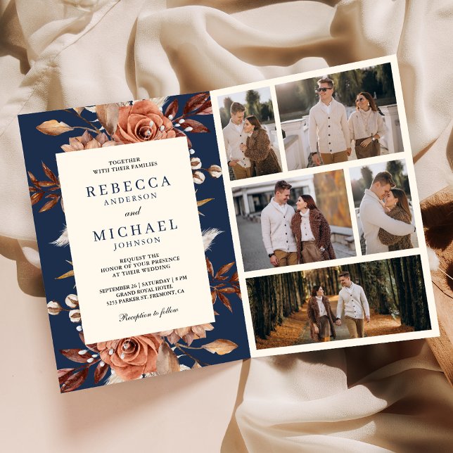 Creme- und Terrakotta-Blumen-QR-Code-Navy-Hochzeit Einladung (Von Creator hochgeladen)