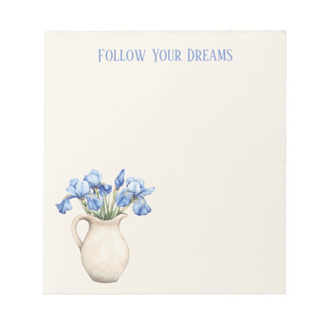 Creme-Vase Lila Iris-Blumen   Notizblock (Vorderseite)