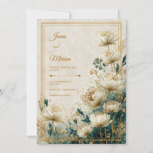 Creme Vergoldete Astrantia Teal Aquarell Hochzeit Einladung