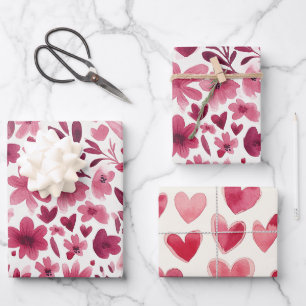 Creme Weiblich Rosa Rote Blumen Herzen Geburtstag Geschenkpapier Set
