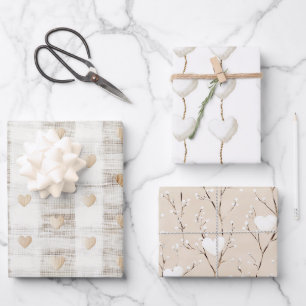 Creme Weiß Beige Boho Herzen Brautparty Geschenkpapier Set