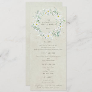 Creme White Floral Oaster Kranz Flat 4 Course Menükarte