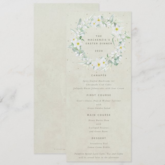 Creme White Floral Oaster Kranz Flat 4 Course Menükarte (Vorne/Hinten)