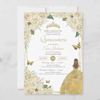 Creme White Gold Floral Butterfly Rose Quinceanera Einladung