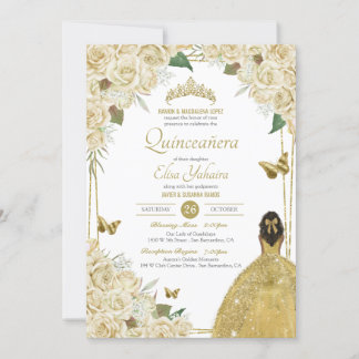 Creme White Gold Floral Butterfly Rose Quinceanera Einladung