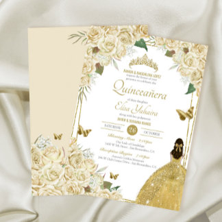 Creme White Gold Floral Butterfly Rose Quinceanera Einladung