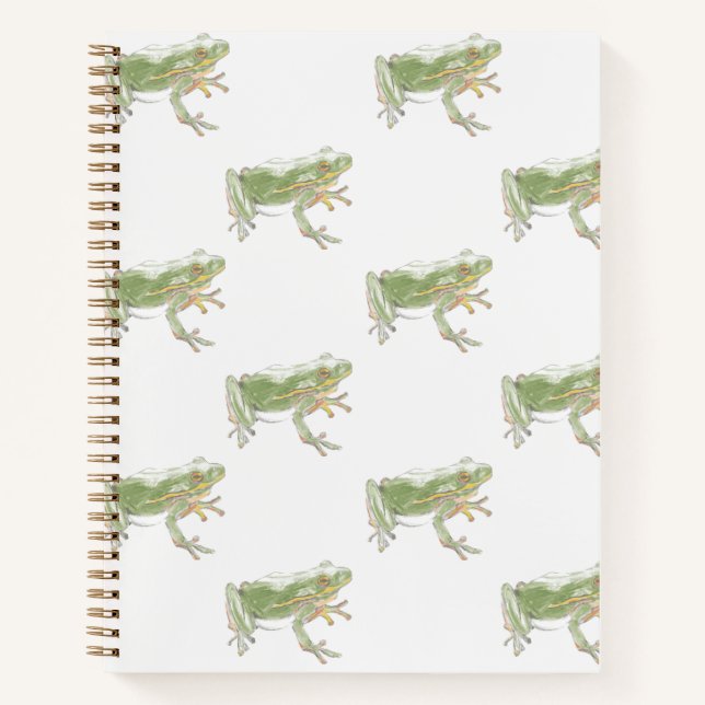 Creme White Sage Green Watercolor Froschmuster Notizbuch (Vorderseite)