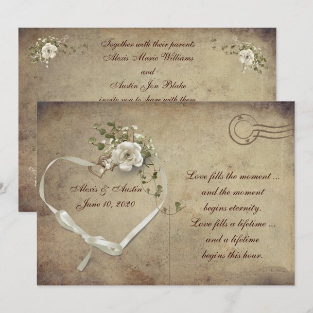 Creme white Wedding Rose Postcard Einladung (Vorne/Hinten)