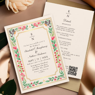 Creme Zauberhafte Botanische Florale Hochzeits-QR- Einladung