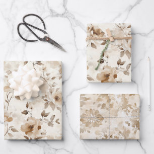 Cremebraune Blumen Geburtstag Geschenkpapier Set