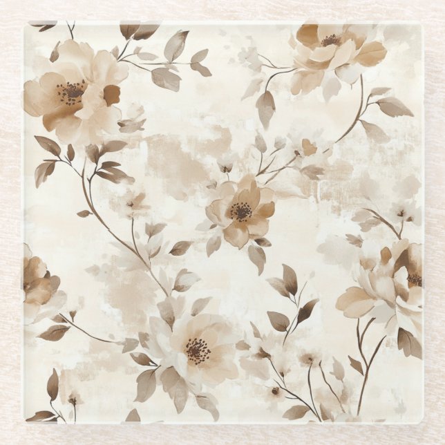 Cremebraune Blumen Glasuntersetzer (Vorderseite)