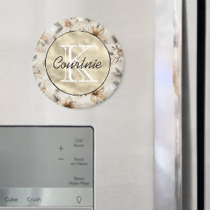 Cremebraune Floral Gold Monogramm Magnet