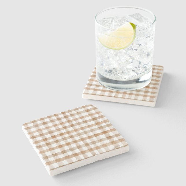 Cremebraune Streifen Braune Karo Steinuntersetzer (Seitenansicht)