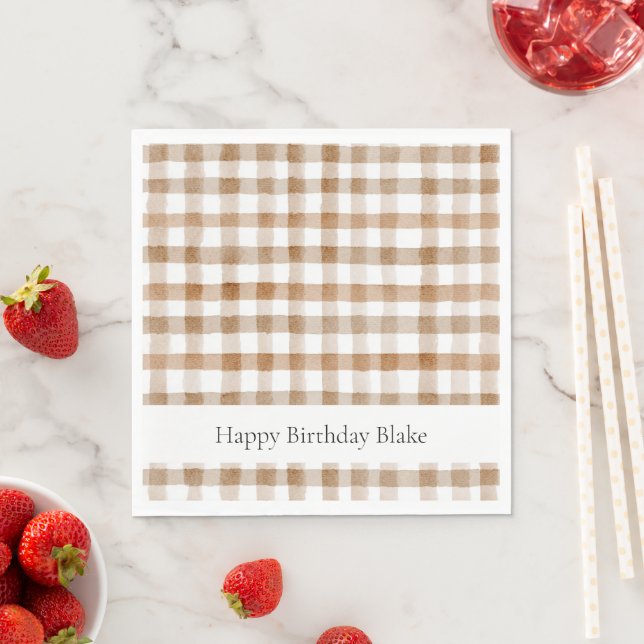 Cremebraune Streifen Tan Plaid Geburtstag Serviette (Beispiel)