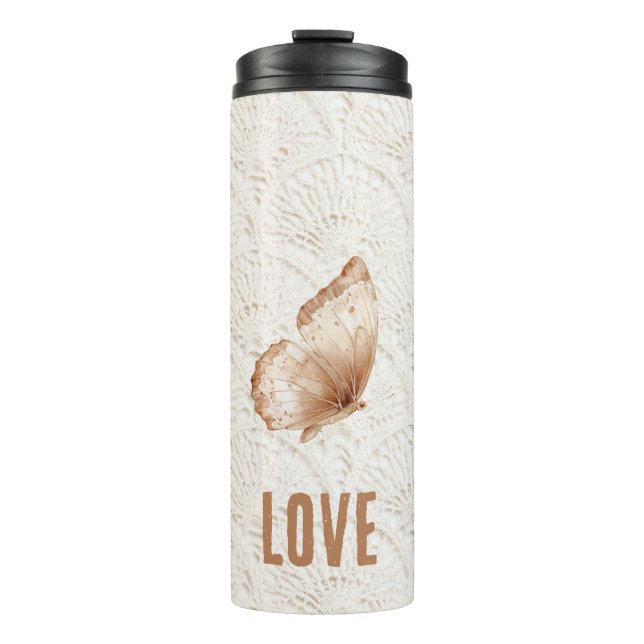 Cremebrauner Boho-Boheme-Schmetterling Thermosbecher (Vorderseite)