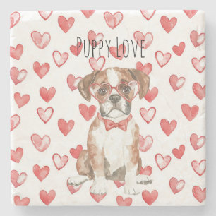 Cremebrauner Boxer mit roter Herzbrille Steinuntersetzer