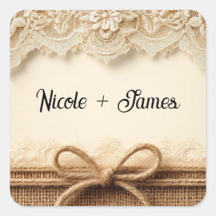 Cremefarbene Antike Spitze Jute Rustikale Hochzeit Quadratischer Aufkleber