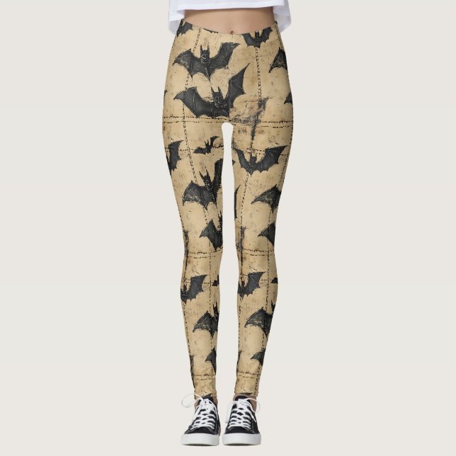 Cremefarbene Denim-Grunge-Patchwork mit Fledermäus Leggings (Vorderseite)