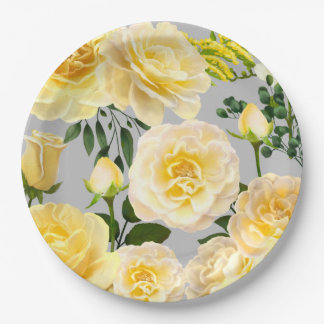 Cremefarbene gelbe Rosen im Vintage-Blumenmuster a Pappteller
