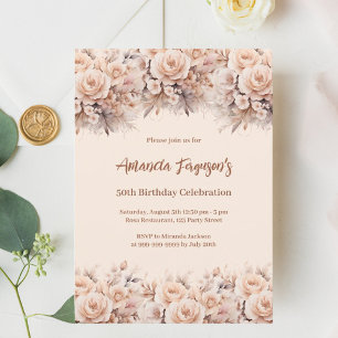 Cremefarbene Pfirsich-Roségold-Blumen zum Geburtst Einladung