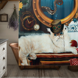 Cremefarbene viktorianische Steampunk-Katzen-Teepa Duschvorhang