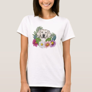 Cremefarbener Golden Retriever Kopf mit farbenfroh T-Shirt