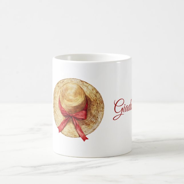 Cremefarbener Hut mit roter Schleife Name Kaffeetasse (Mittel)