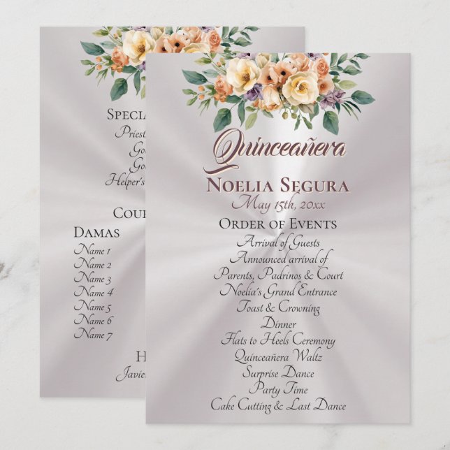 Cremefarbenes Florales Quinceanera-Programm - Perl Programm (Vorne/Hinten)