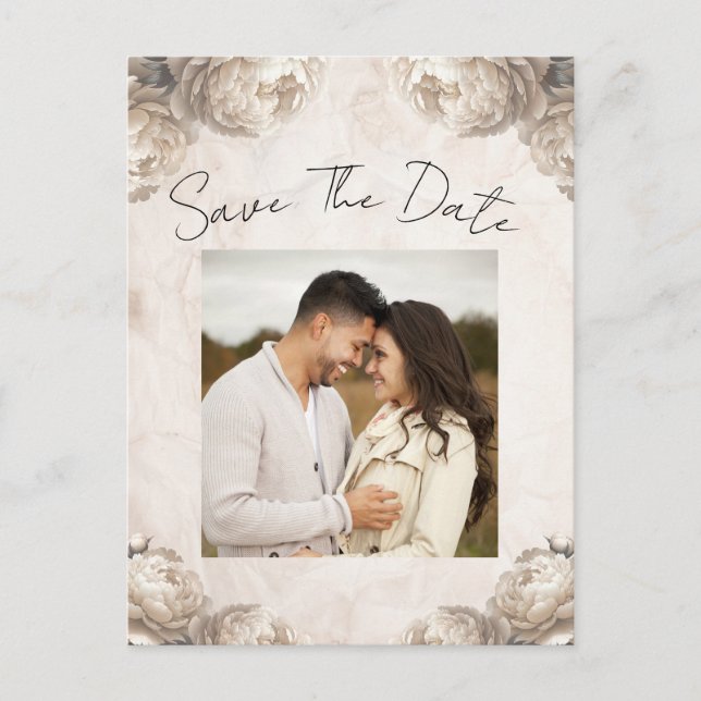 Cremepeony Blume Vintag Rustikal Save the Date Ankündigungspostkarte (Vorderseite)