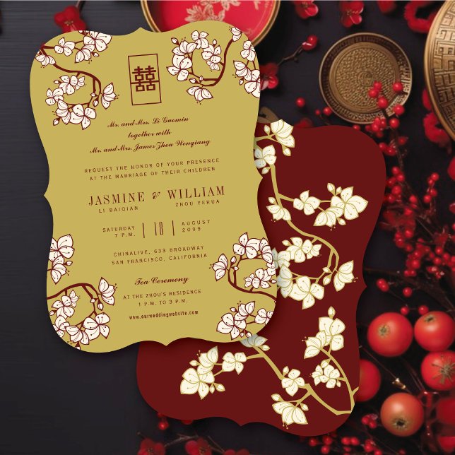 Cremepfirsich/Pflaumenblüten Doppelglückliche Hoch Einladung (Cream Peach/Plum Blossoms Double Happiness Elegant Chinese Wedding Invitation @ fatfatin_red_knot)