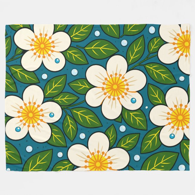 Cremeweiße Blumenmuster mit grünen Blättern Fleecedecke (Vorderseite (Horizontal))