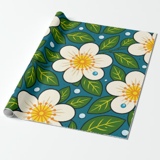 Cremeweiße Blumenmuster mit grünen Blättern Geschenkpapier